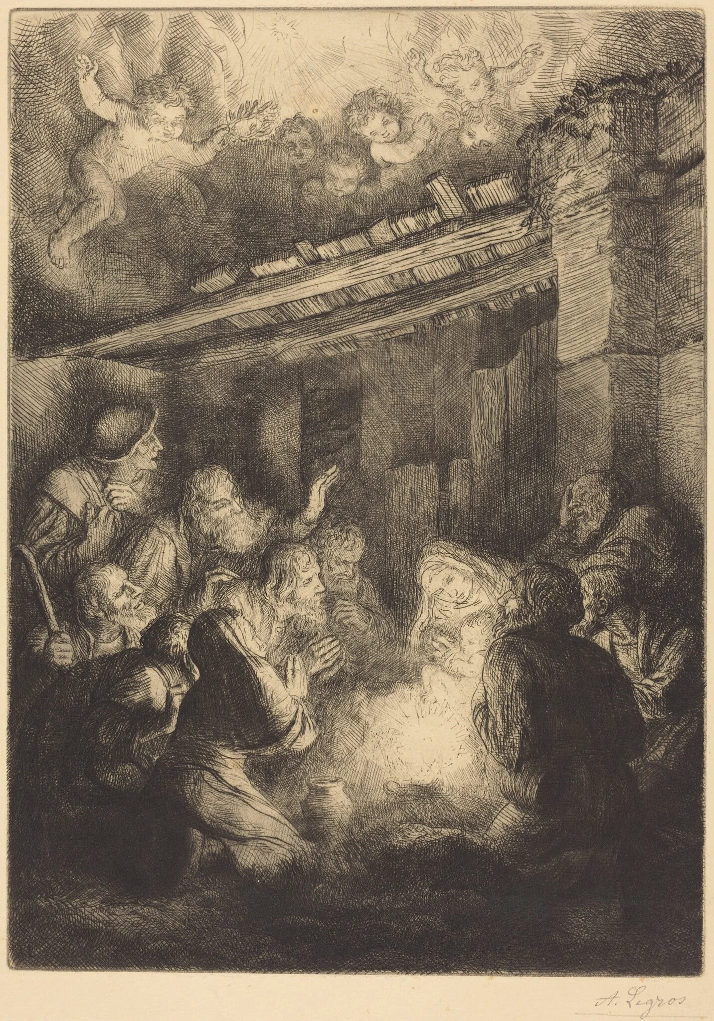 The Adoration of the Shepherds (L'adoration des bergers), by Alphonse Legros, ink, 1874