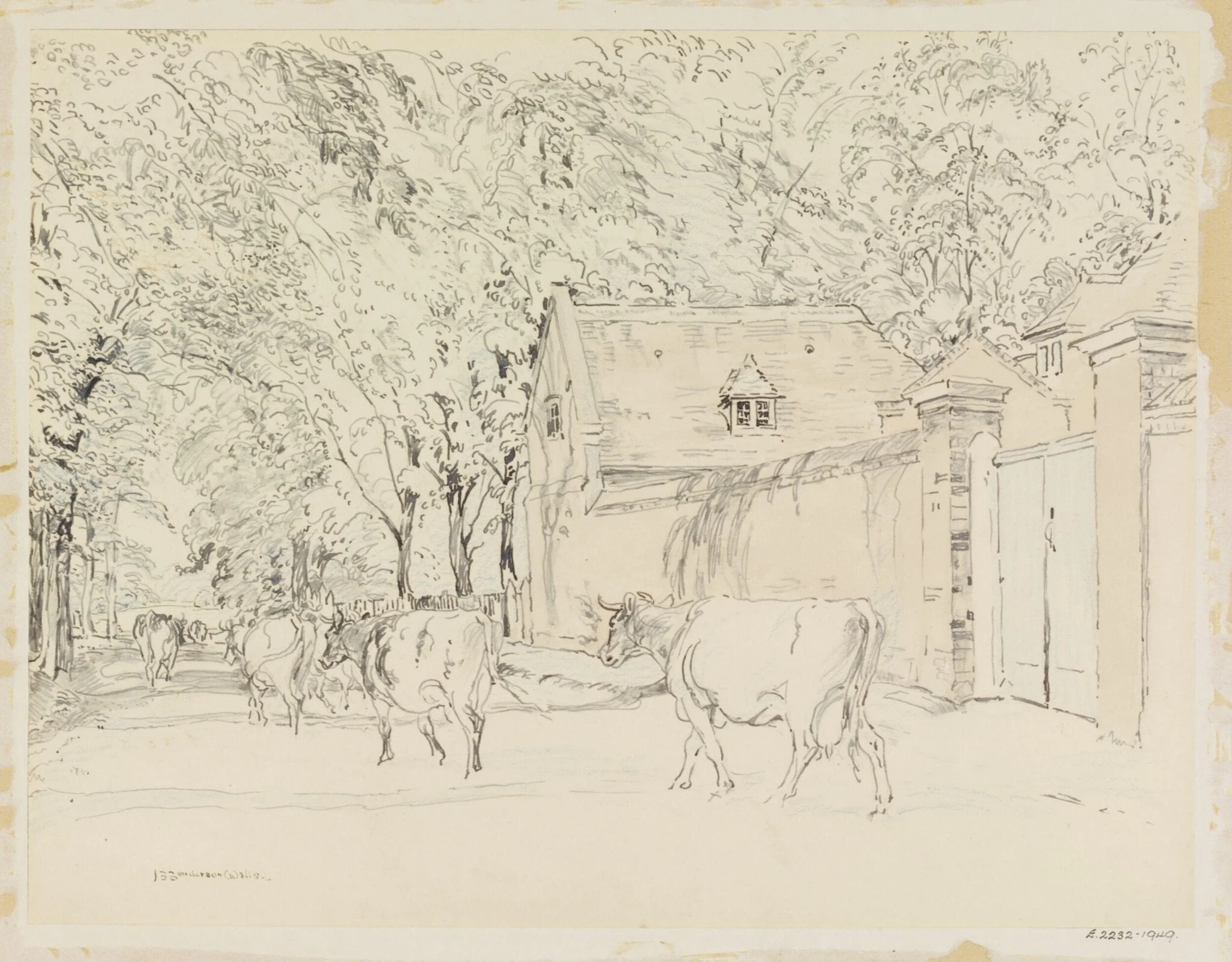 Ham Street, Cows from Manor Farm passing Ham House stables, by John Sanderson Sanderson-Wells, watercolor, 1940