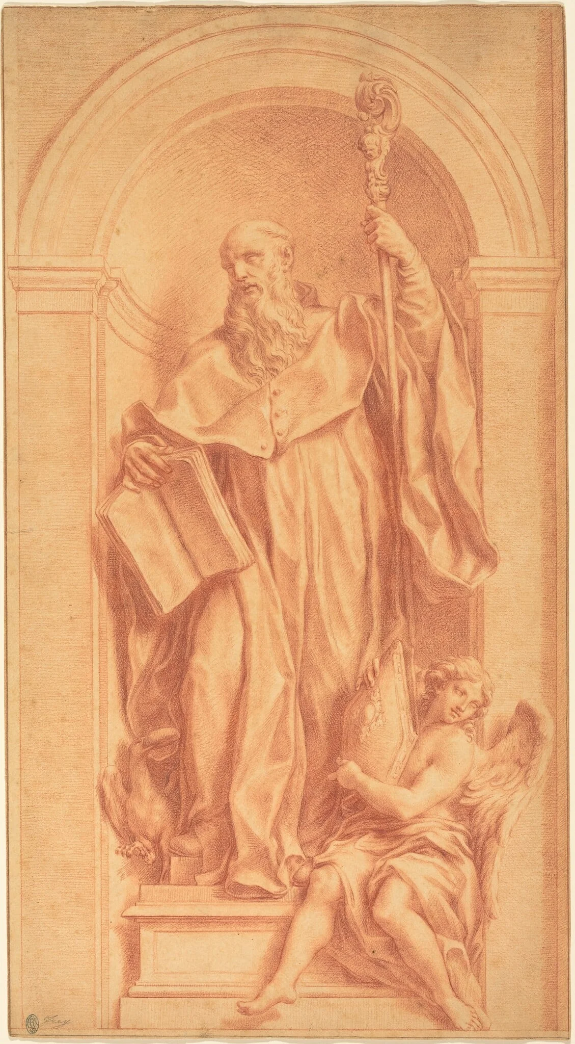 A Sculpture of Saint Benedict in a Niche, by Jakob Frey, chalk, 1735