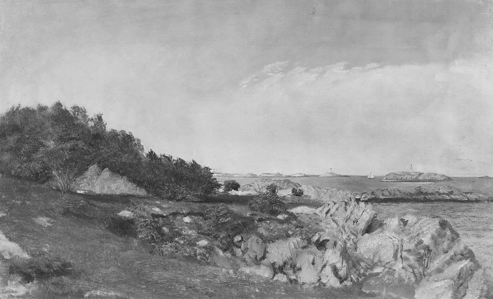 Rocky Coast with Light House, by John Amory Codman, oil, 1865