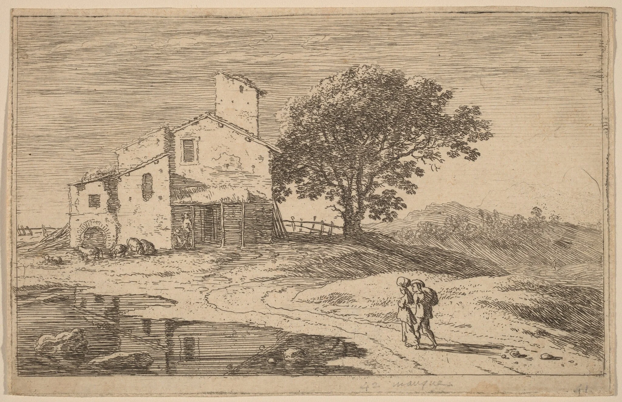 Large Tree near a House, by Herman van Swanevelt, ink, 1628