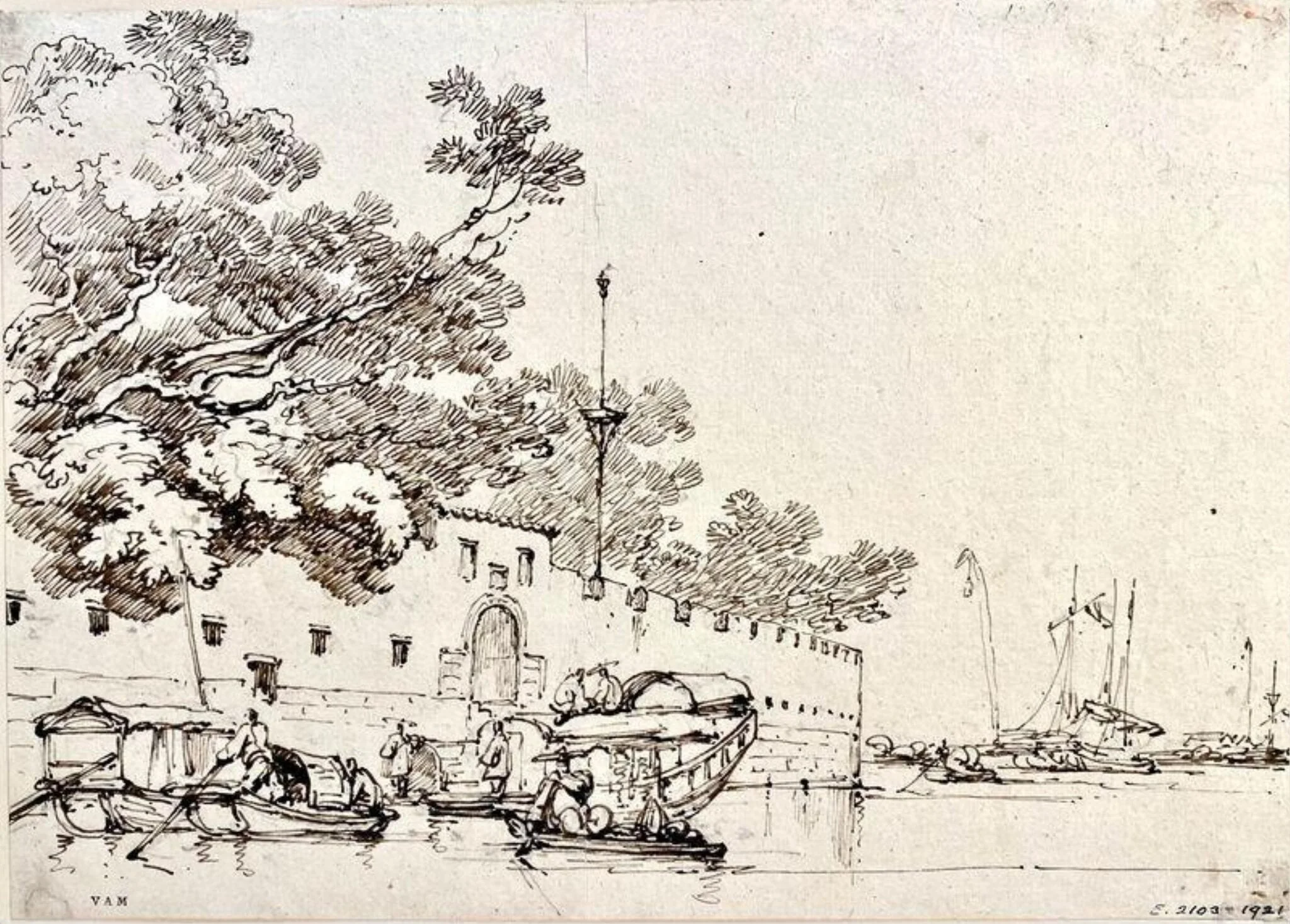 Junks and Tanka boats by a river fort, Canton (Guangzhou), by George Chinnery, 1828