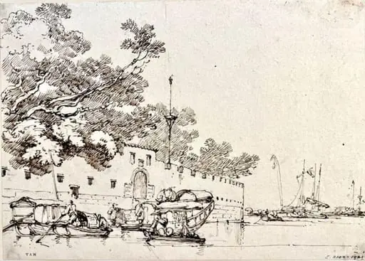 Junks and Tanka boats by a river fort, Canton (Guangzhou)