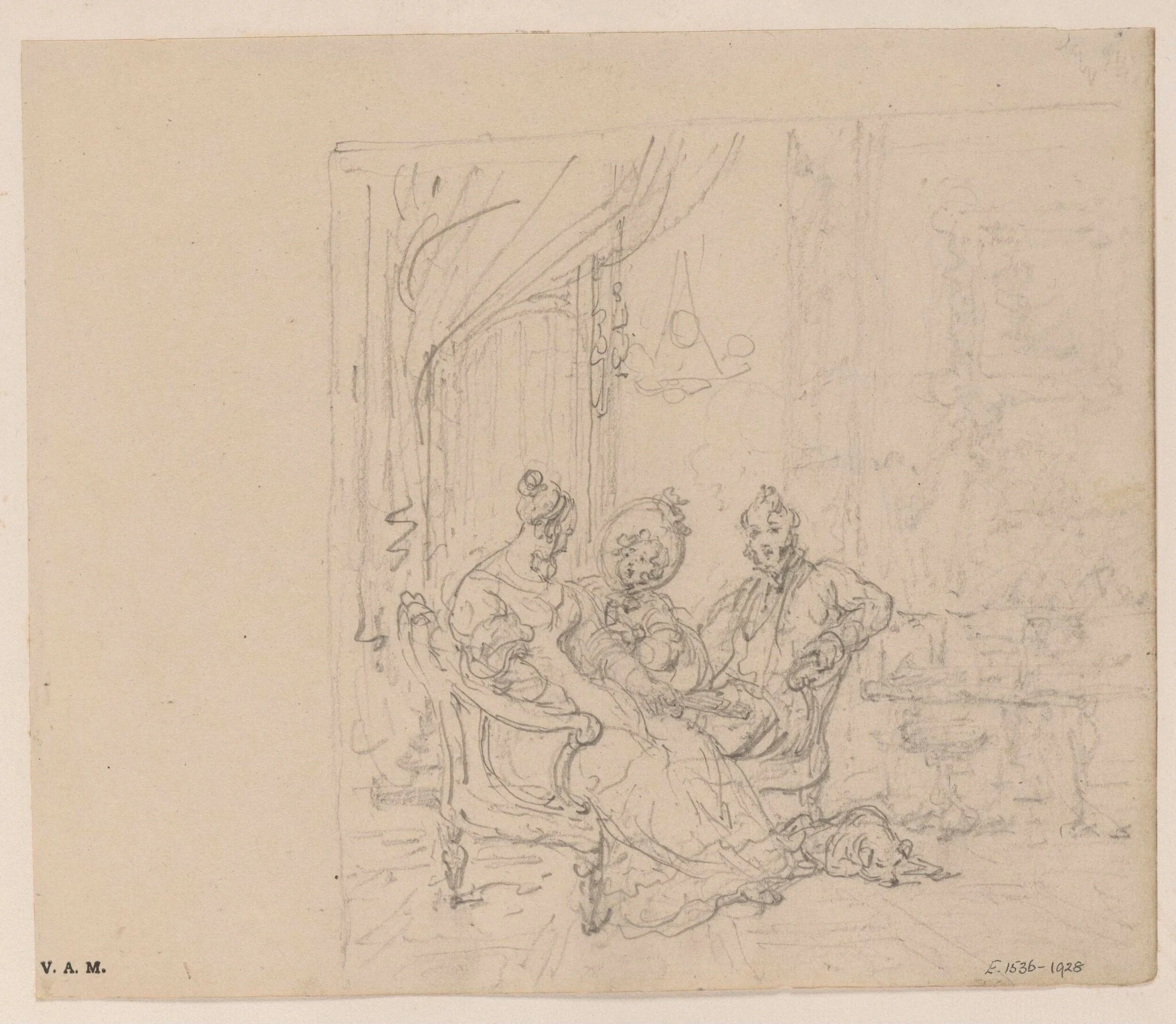 A sketch of three Western figures in a drawing room