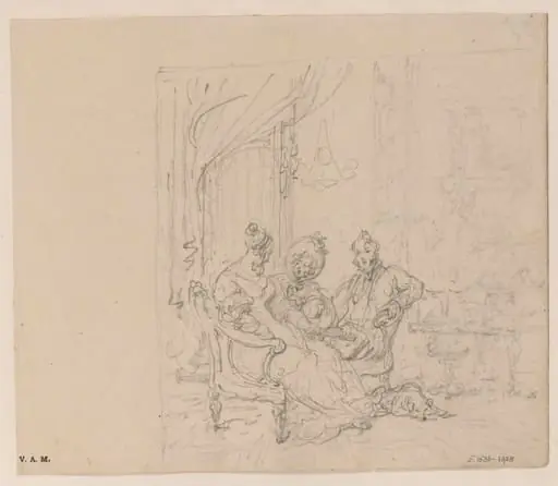A sketch of three Western figures in a drawing room
