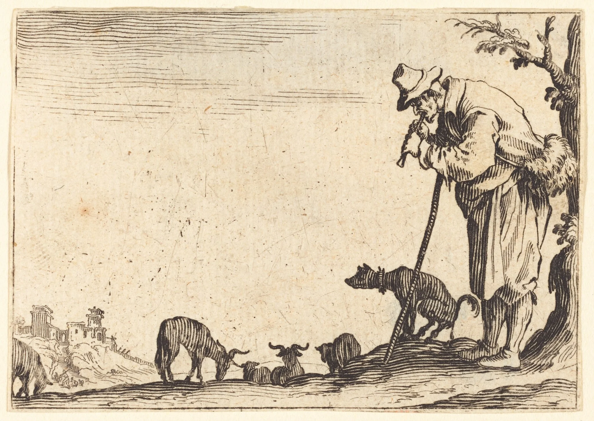 Shepherd Playing Flute, by Jacques Callot, ink, 1622