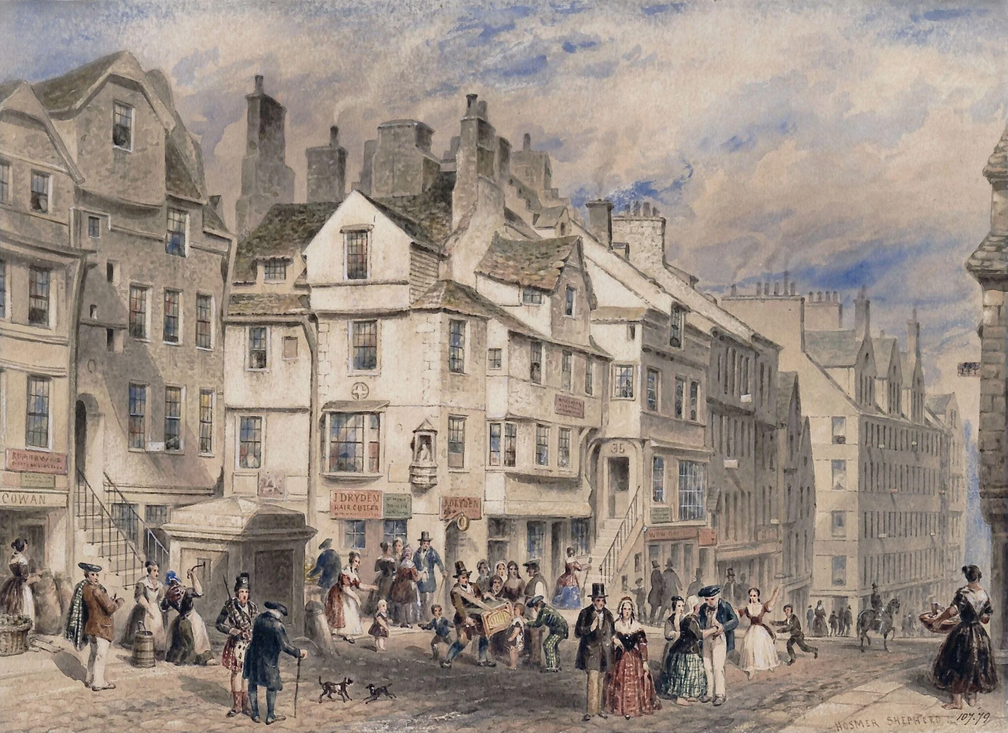 The High Street in Edinburgh, showing John Knox's house, by Thomas Shepherd, watercolor, 1817