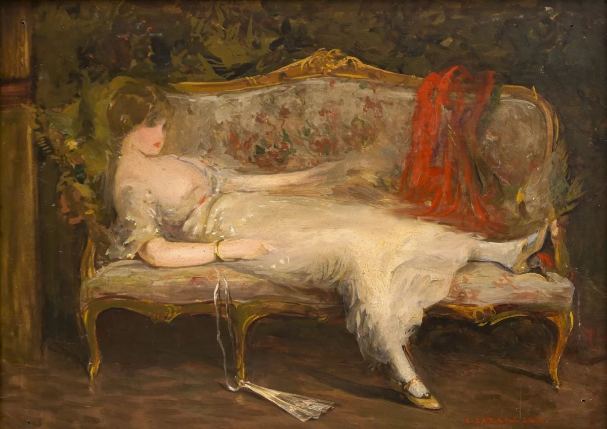Femeie culcată pe canapea, by Emilian Lăzărescu, 1915