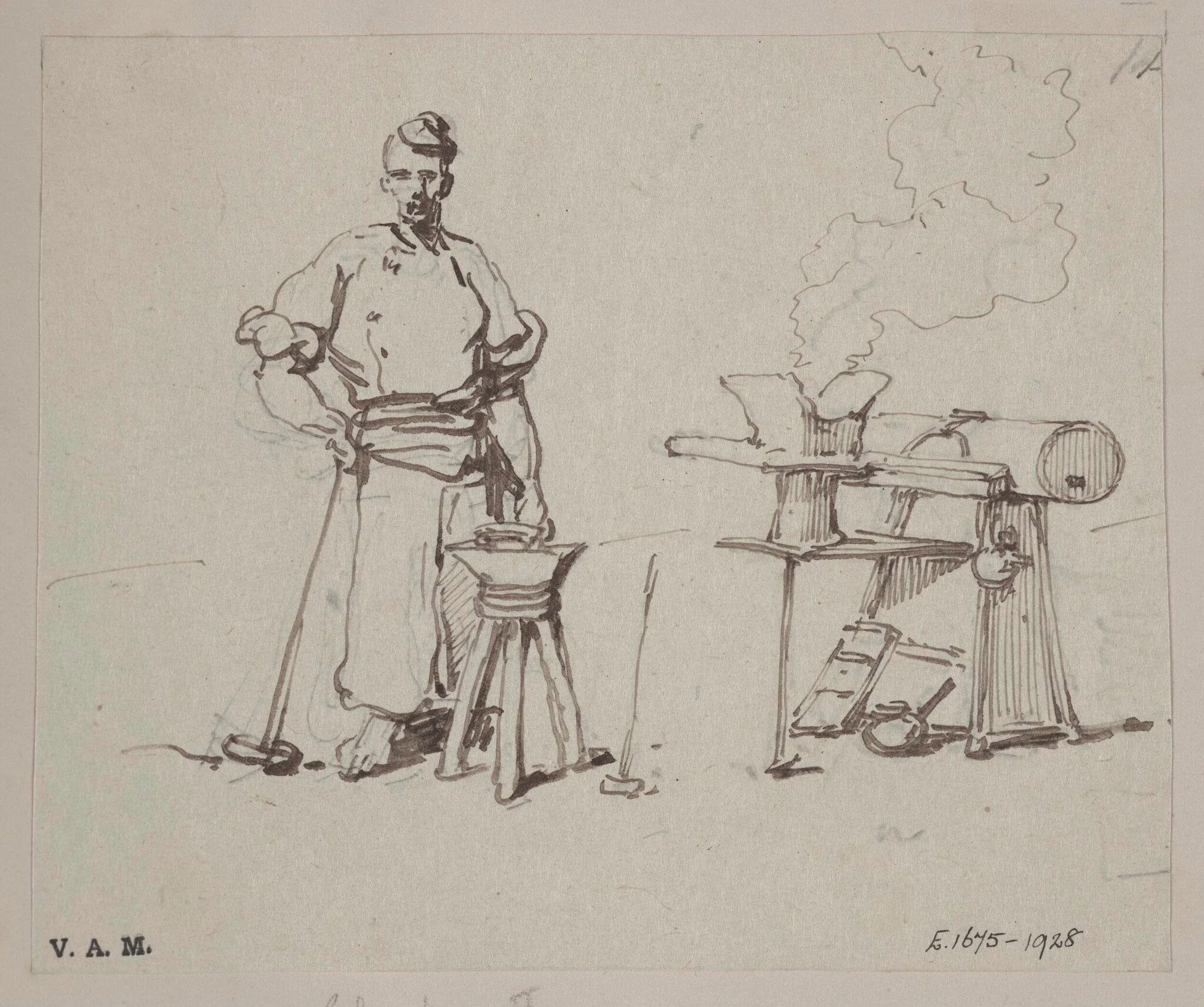 A Chinese blacksmith by his anvil, by George Chinnery, 19