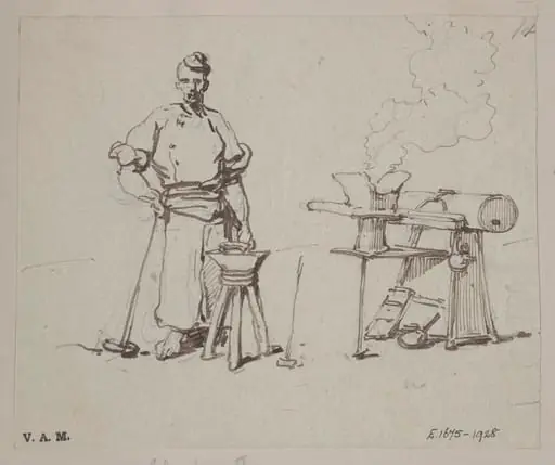 A Chinese blacksmith by his anvil