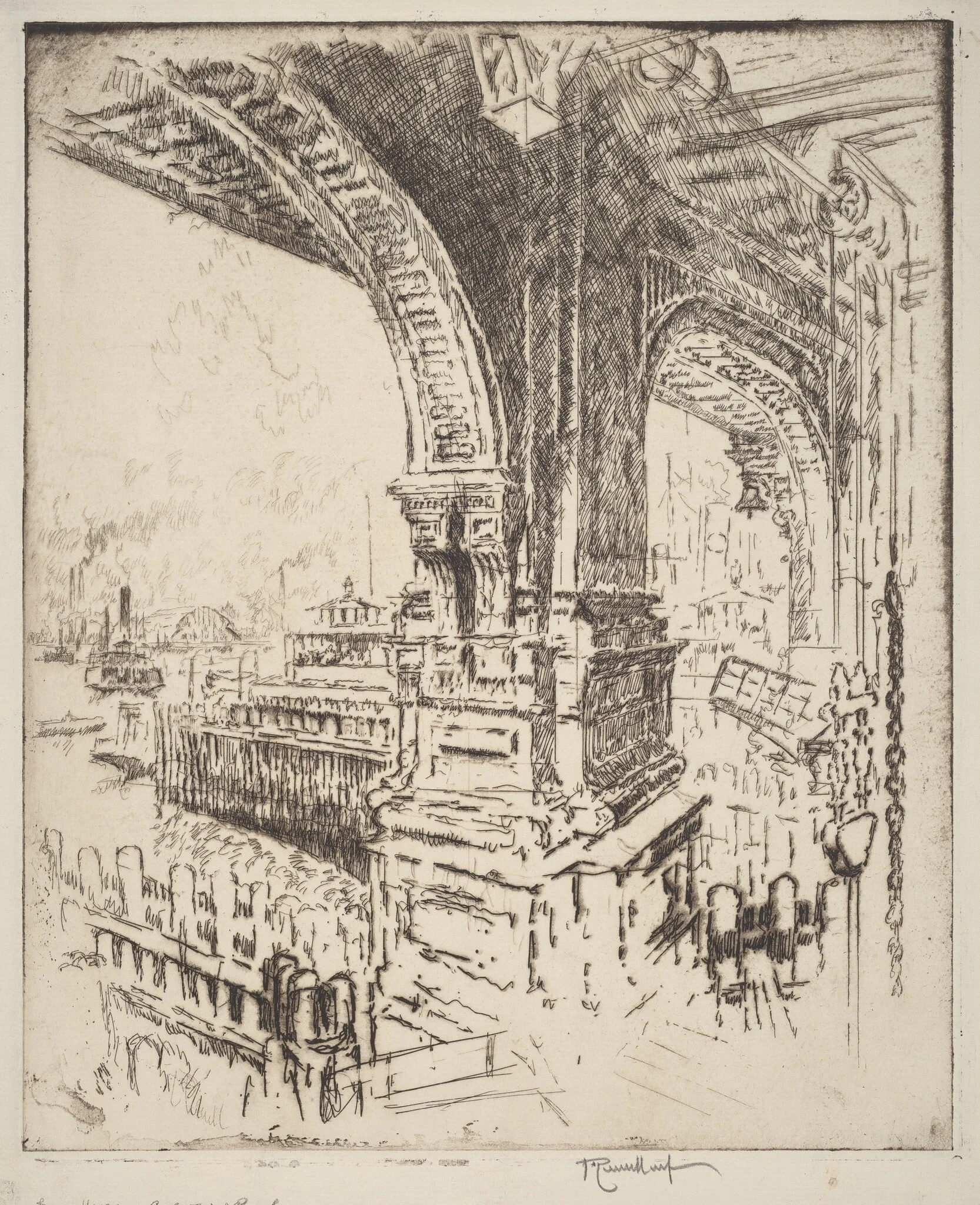 Within the Ferry, Cortlandt Street, New York, by Joseph Pennell, ink, 1919