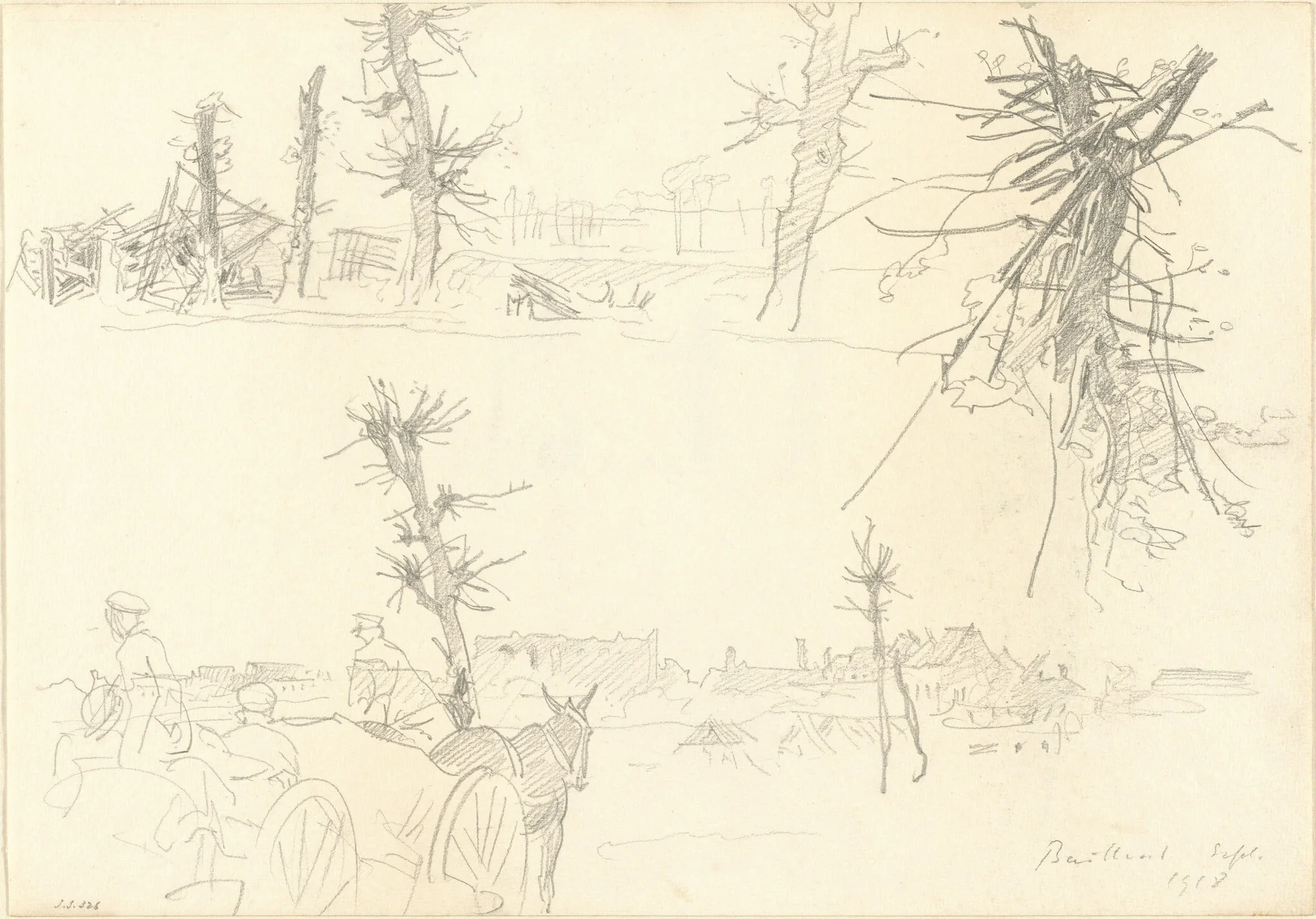 Soldiers in a Devastated Landscape [recto], by John Singer Sargent, graphite, 1918