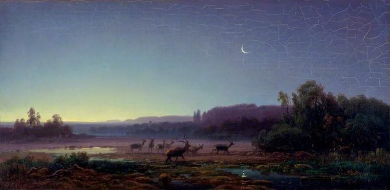 Deer at Dawn, near Munich, by Eduard Schleich the Elder, oil, 1850