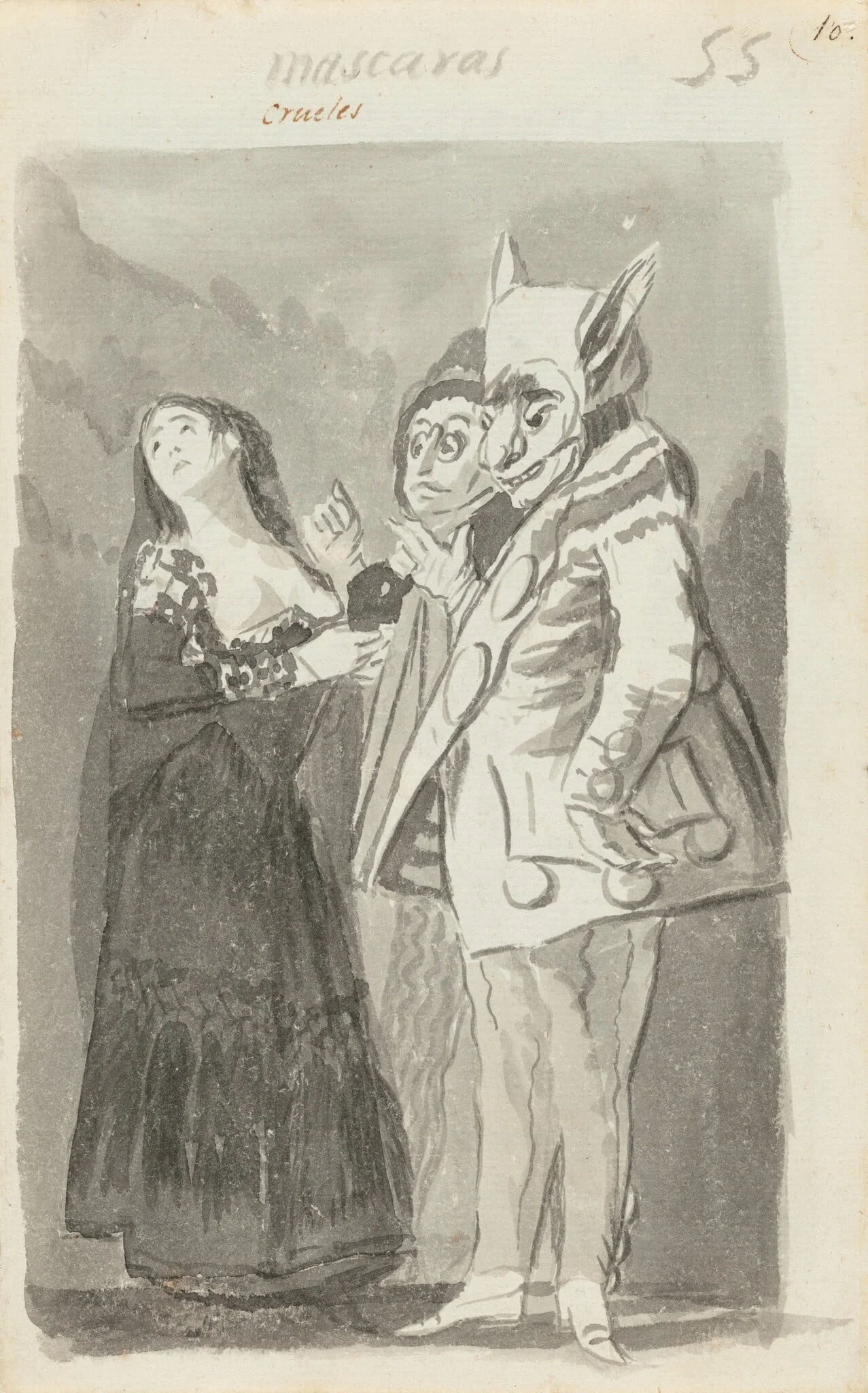 Mascaras crueles (Cruel Masks) [recto], by Francisco Goya, ink, 1796