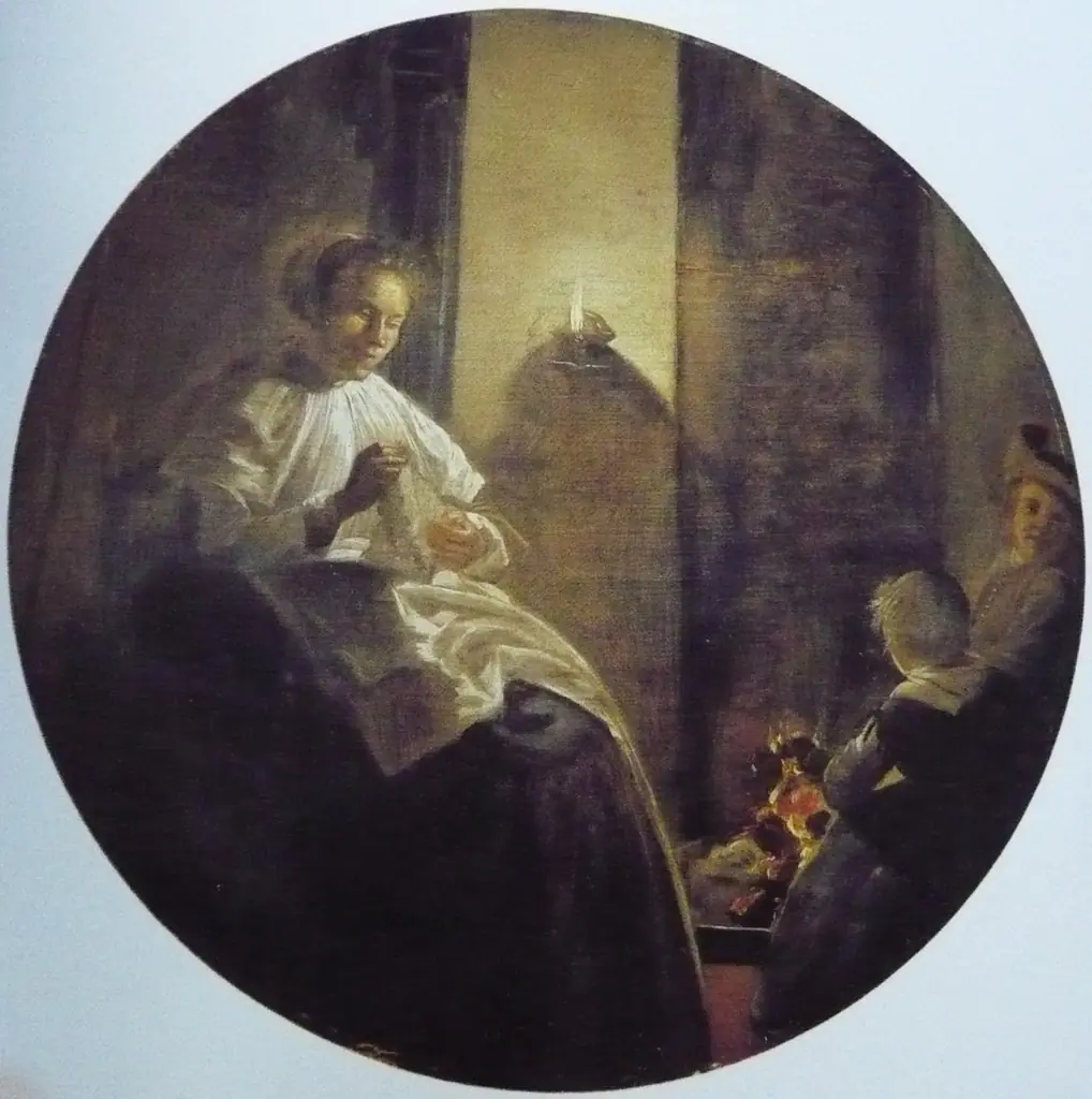A Woman Sewing by Candlelight