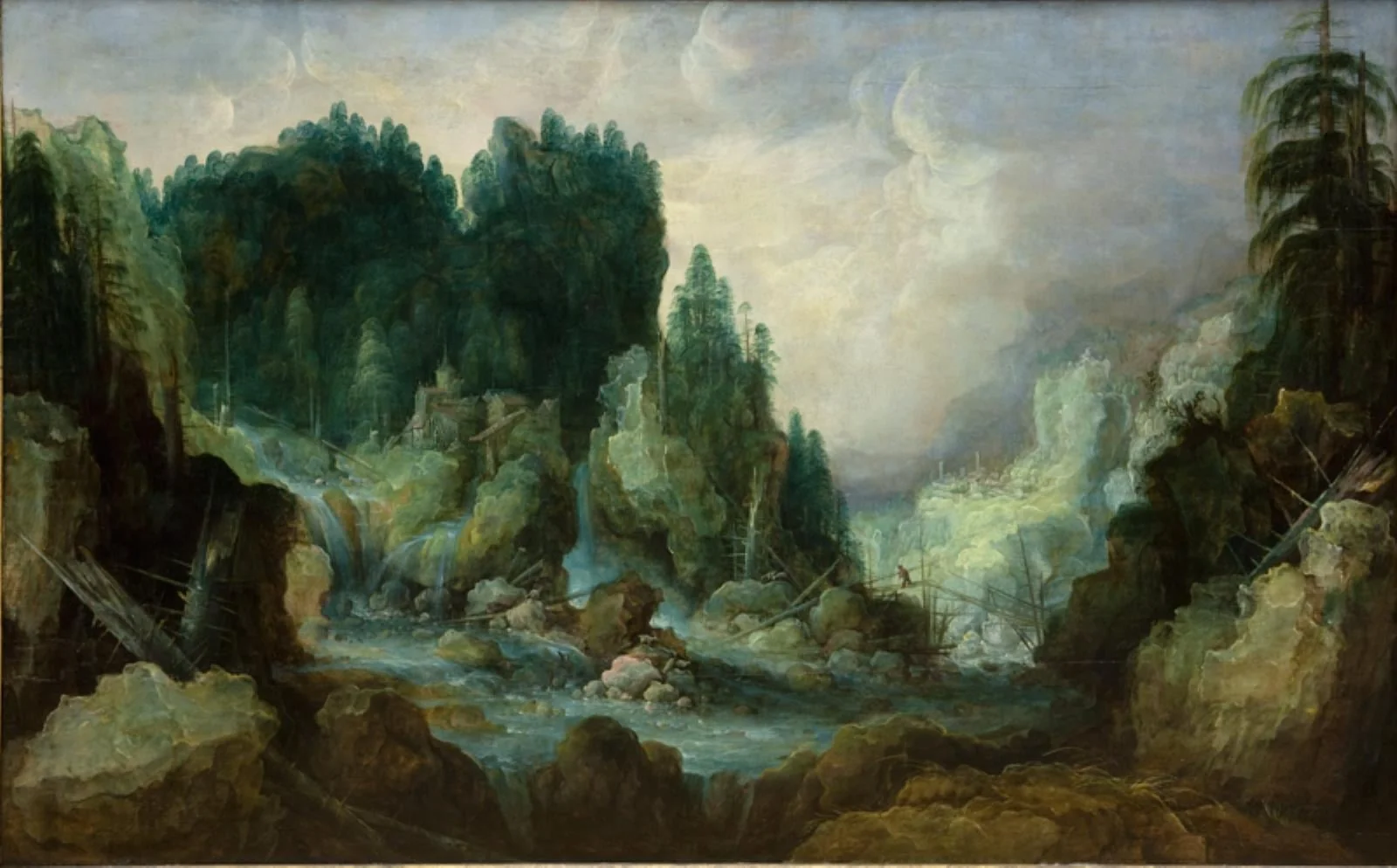 Rocky Landscape with a River and a Waterfall, by Unknown, unspecified, 1619