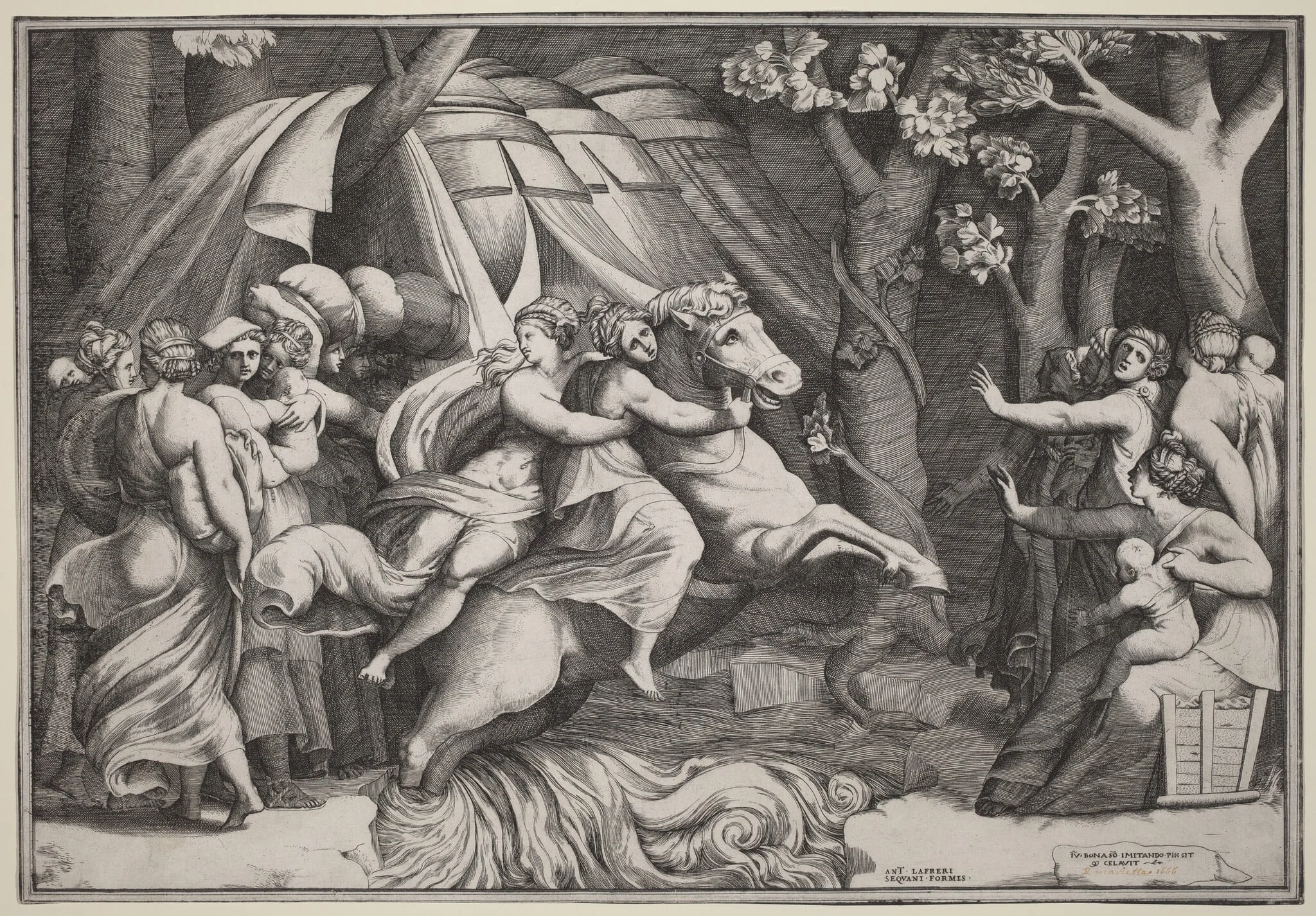 Clelia Crossing the Tiber, by Giulio Bonasone, ink, 1545