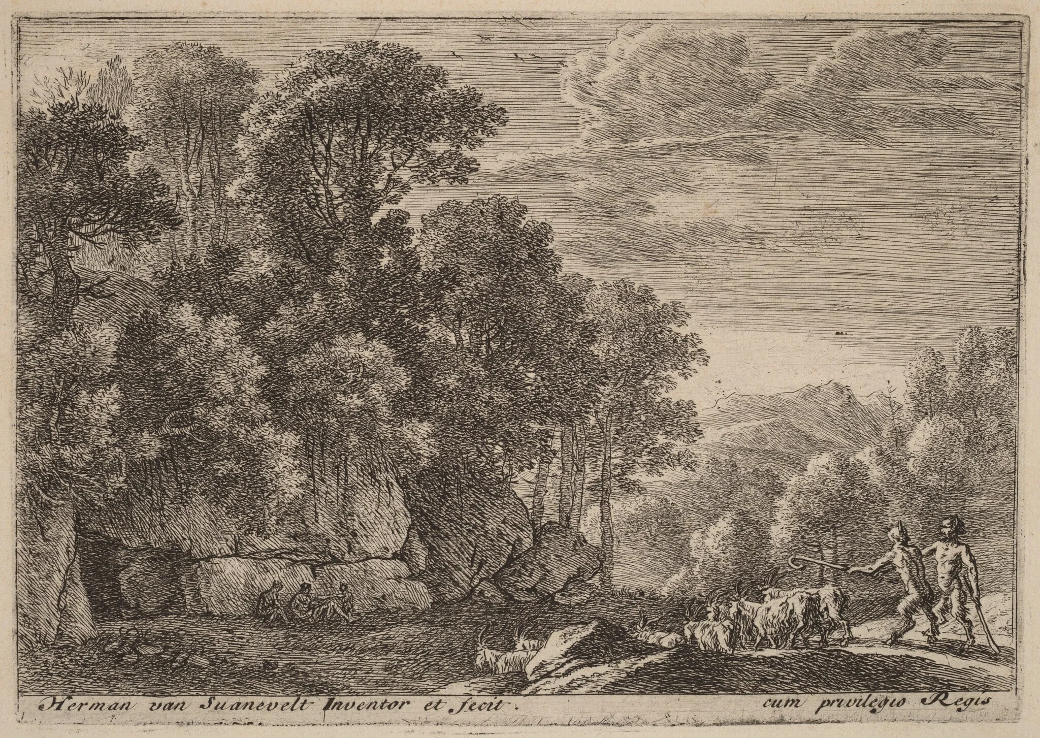 Two Satyrs Tending a Flock of Goats, by Herman van Swanevelt, ink, 1628