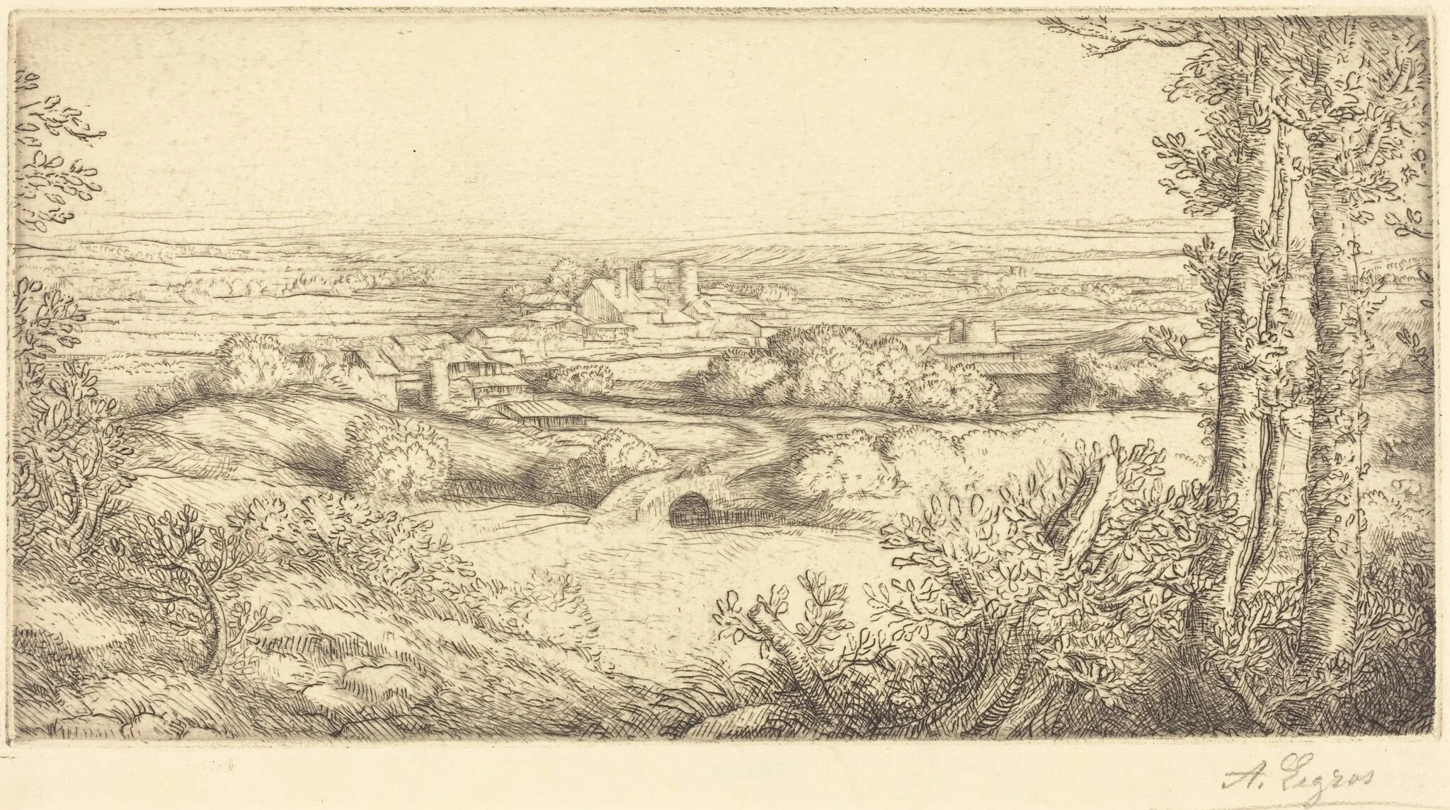 Valley in Bourgogne (Une vallee en Bourgogne), by Alphonse Legros, ink, 1874