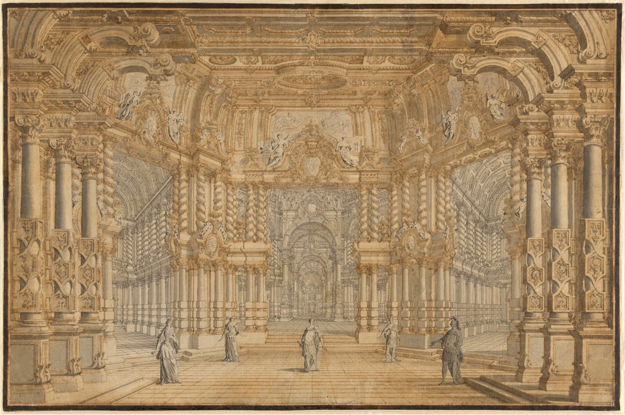 A Stage Design for an Opera with Actors, by Giuseppe Galli Bibiena, ink, 1750