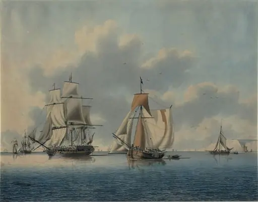 A frigate and Dutch fishing boats off the Isle of Wight