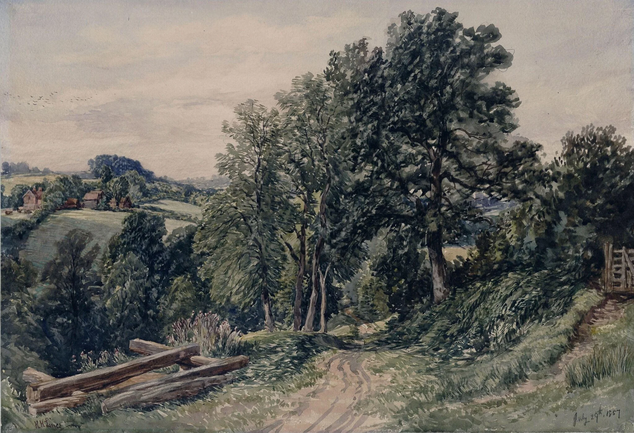 Landscape and cottages, with sawpit, Tedstone, Herefordshire