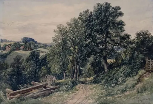 Landscape and cottages, with sawpit, Tedstone, Herefordshire