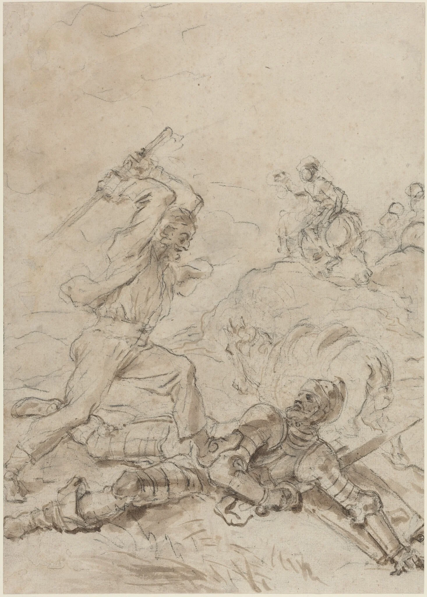 The Muleteer Attacking Don Quixote as He Lies Helpless on the Ground, by Jean Honoré Fragonard, chalk, 1784
