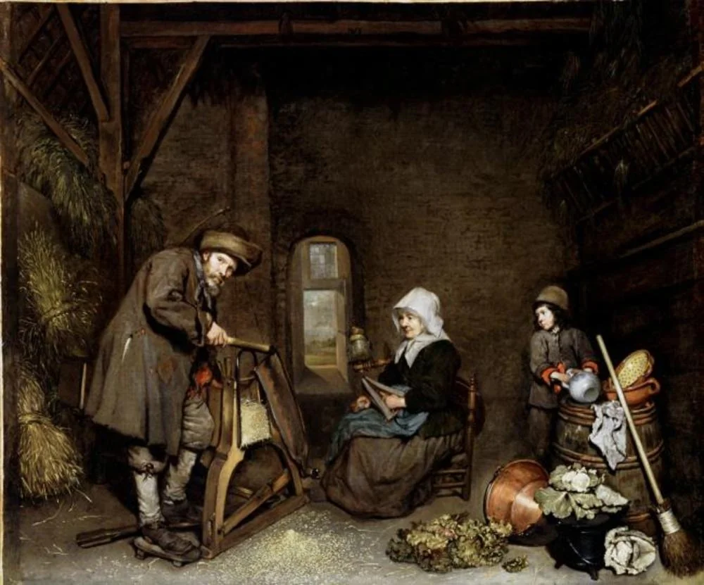 Chaffcutter with His Wife and Child, by Caspar Netscher, oil, 1659