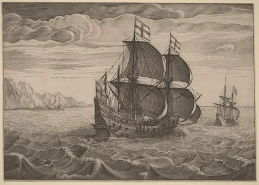 Ship in Full Sail with Two Flags