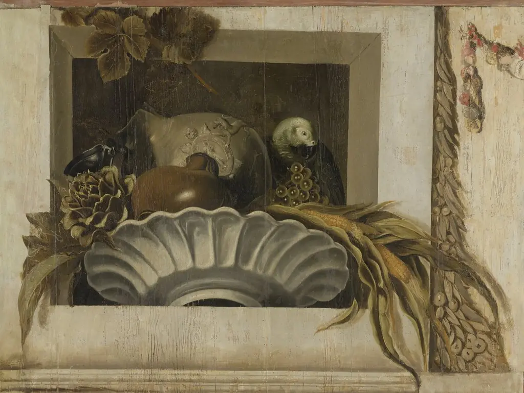 Still a Bowl of Corn, Artichokes, Grapes and a Parrot