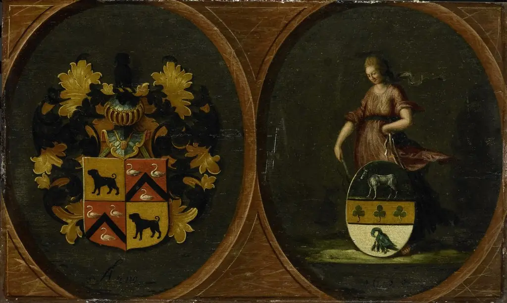 Heraldic panel with family shields of the couple Hortensia del Prado and second husband Peter Courten, 1625