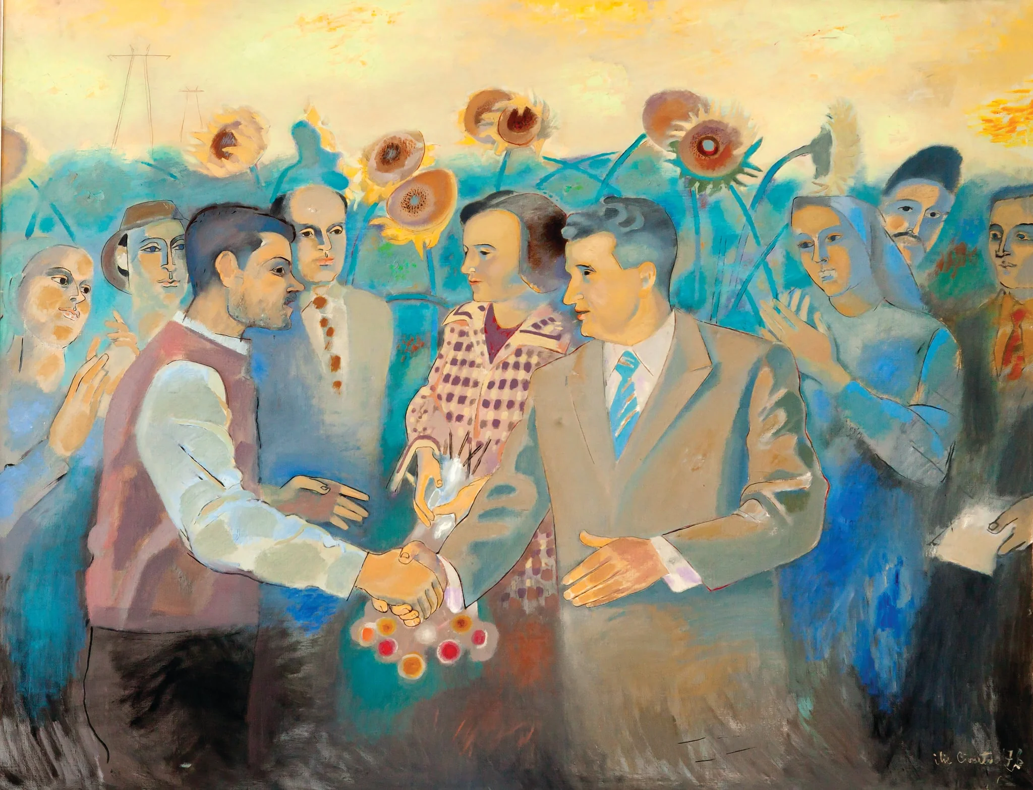 Tablou ”Amiază în câmpia ilfoveană” semnat și datat de autor în dreapta jos ”Ilie Ciortea 78”. Tabloul îi reprezintă pe soții Ceaușescu întâlnindu-se cu oamenii muncii în mijlocul uni lan de floarea soarelui. Comandat de Comitetul Județean de Partid Ilfov și facut cadou cu ocazia zilei de naștere (ianuarie 1978).