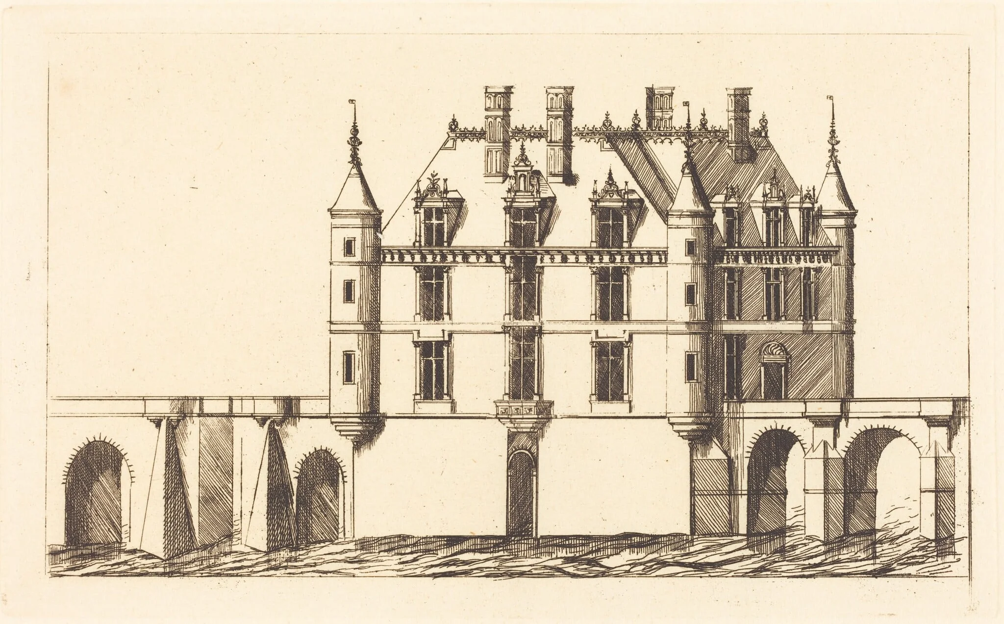 Chateau de Chenonceau, 1re planche (The Chateau of Chenonceau, 1st plate), by Charles Meryon, ink, 1856