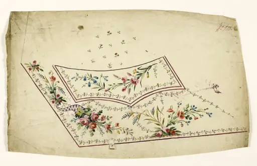 Composition avec corne d'abondance remplie de fleurs, guirlandes et bouquets de fleurs champêtres, projets de broderies de gilet, XVIIIème siècle