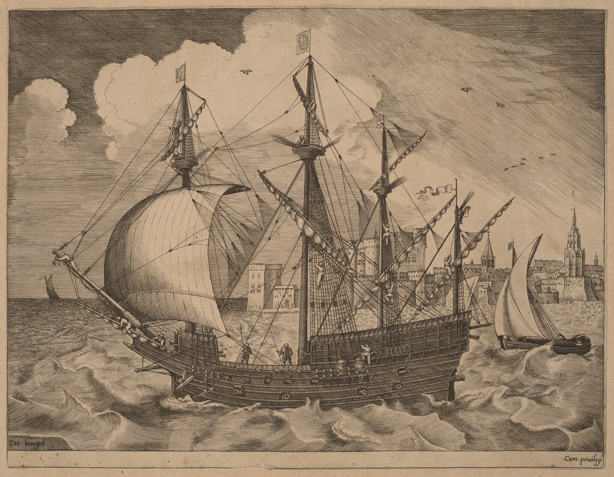 Armed Four-Master Putting Out to Sea, by Frans Huys, ink, 1565