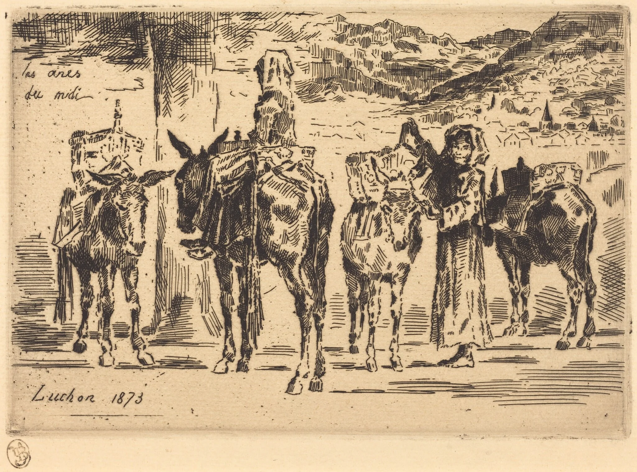 Feuilles d'Anes du Midi (Sheet of Donkeys from the South), by Félix-Hilaire Buhot, ink, 1873