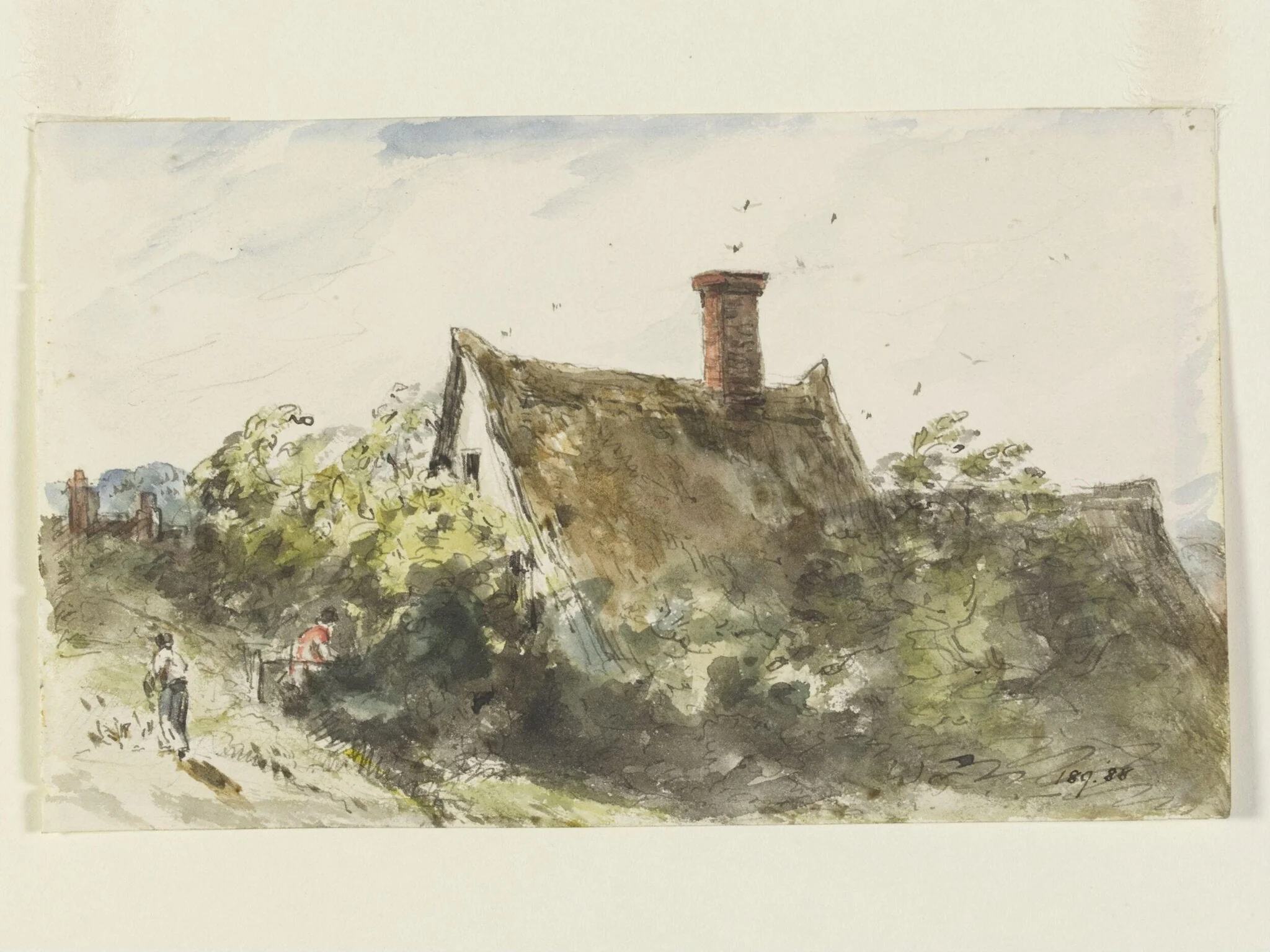 A thatched cottage and two figures, by John Constable, watercolor, 1832
