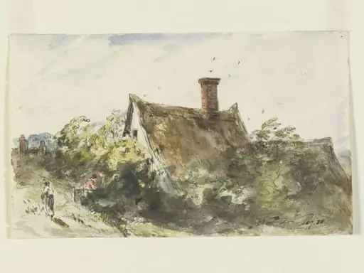 A thatched cottage and two figures