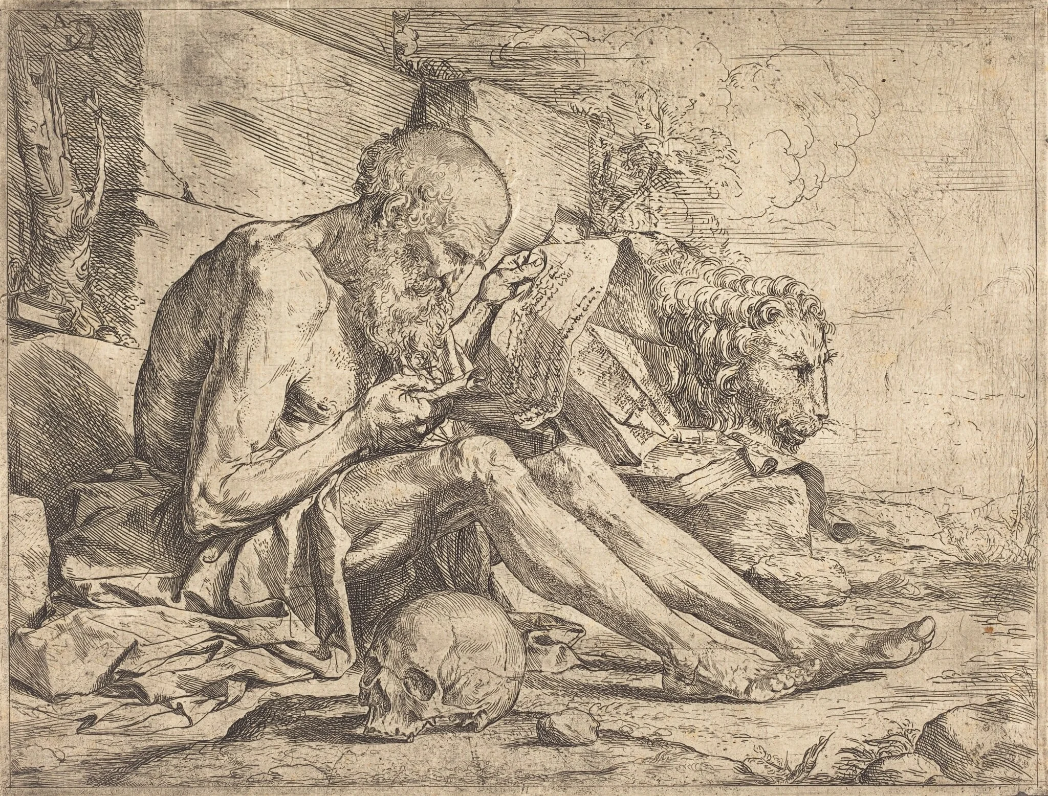 Saint Jerome Reading, by Jusepe de Ribera, ink, 1624