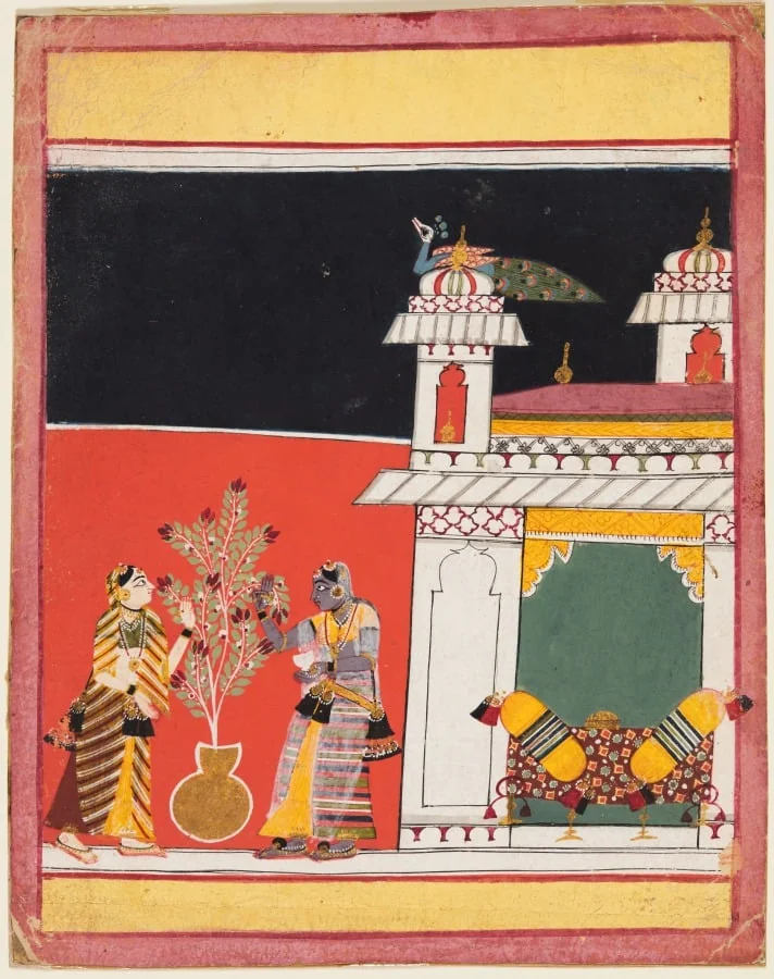 Two Women Pluck Flowers on a Terrace: Gunakali Ragini, from a Ragamala, by Unknown, unspecified, 1650
