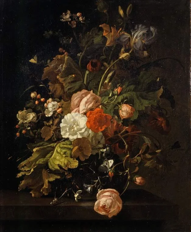 Flowers in a glass vase, on a stone table, by Rachel Ruysch, oil, 1701