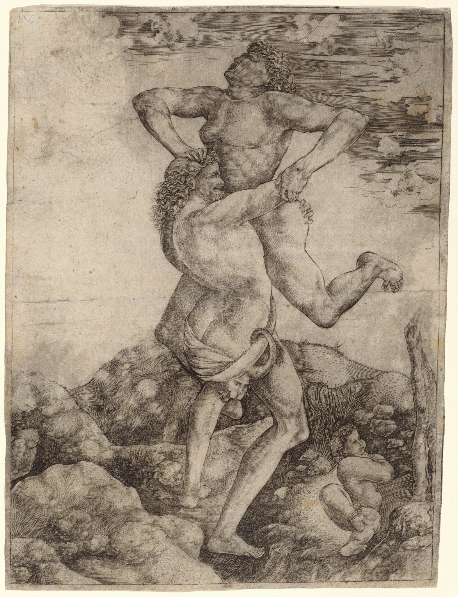 Hercules and Antaeus, by Cristofano Robetta, ink, 1500