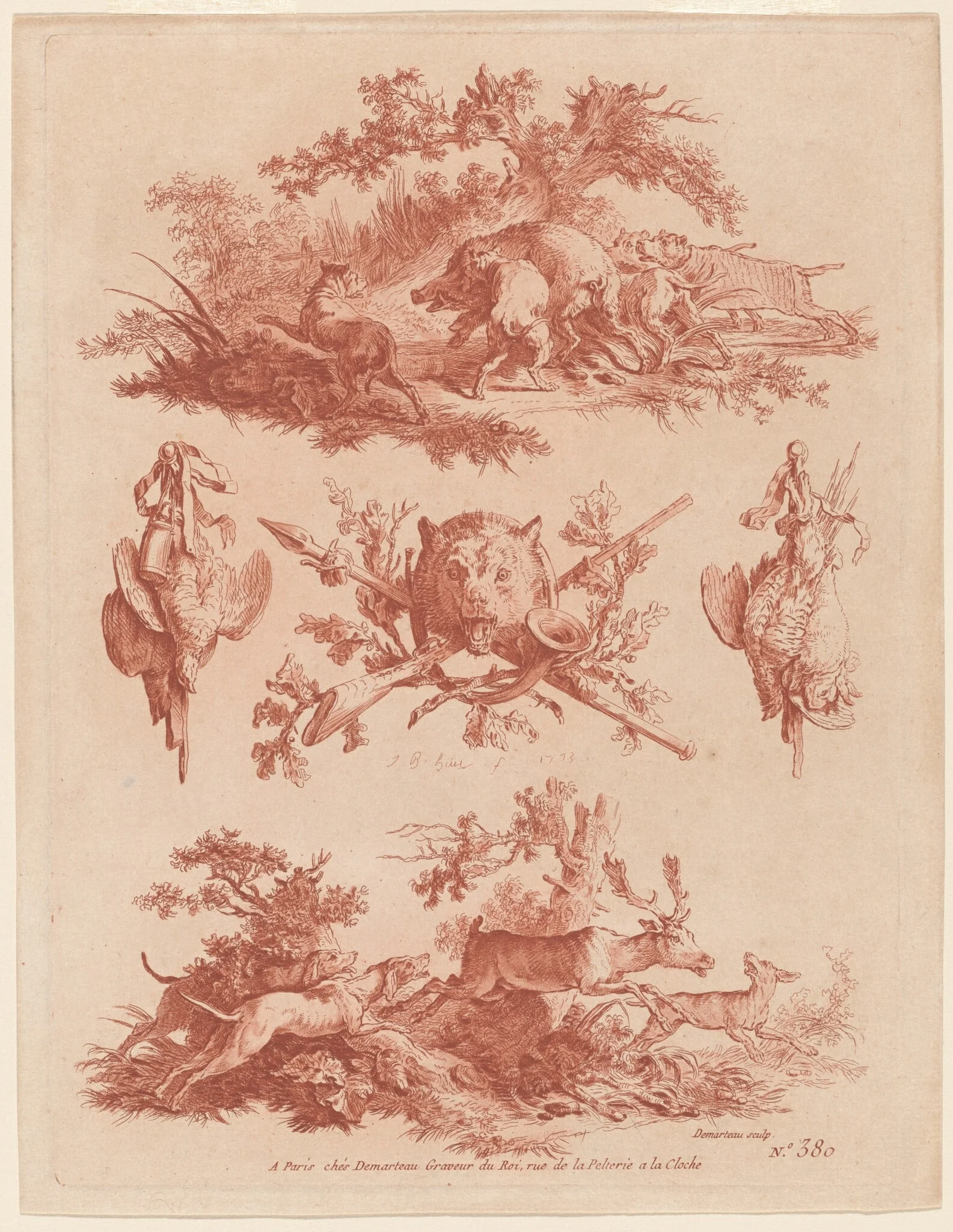 Hunting Trophies and Vignettes with Dogs Chasing a Boar and a Stag, by Jean-Baptiste Hüet, chalk, 1773