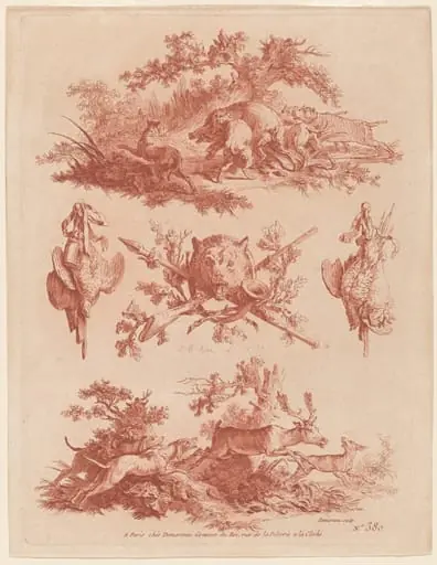 Hunting Trophies and Vignettes with Dogs Chasing a Boar and a Stag