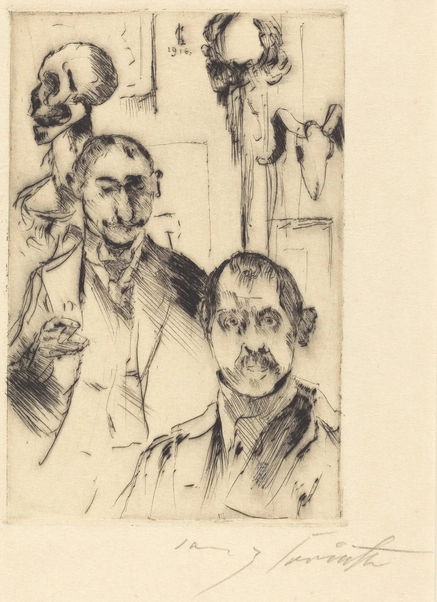 Doppelbildnis mit Skelett (Double Portrait with Skeleton), by Lovis Corinth, ink, 1916
