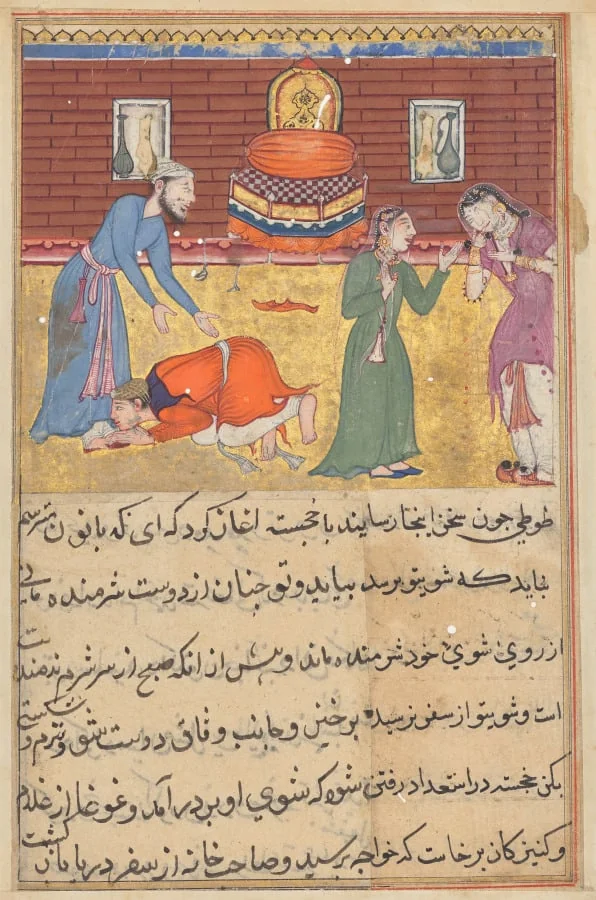 The pious man’s son, now a king, reveals himself to his father; his nurse upbraids his unfaithful mother, from a Tuti-nama (Tales of a Parrot): Fifty-second Night, by Unknown, unspecified, 1560