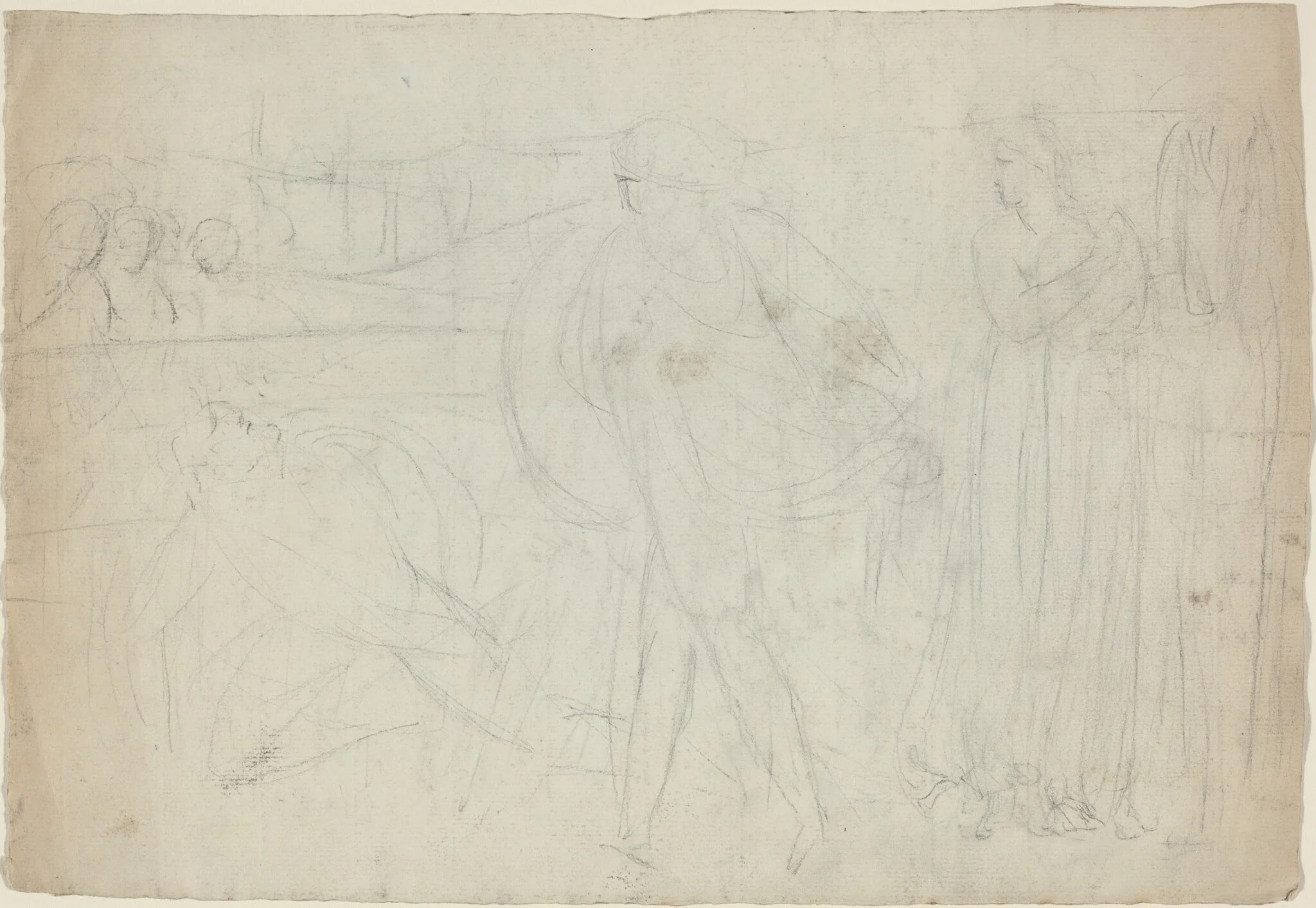Sketch of a Swordsman Standing Over His Defeated Opponent [recto], by William Blake, graphite, 1782