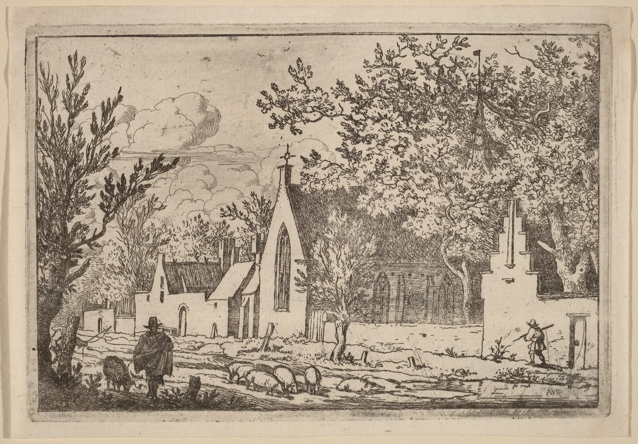 Swine Herd near a Chapel, by Allart van Everdingen, ink, 1650