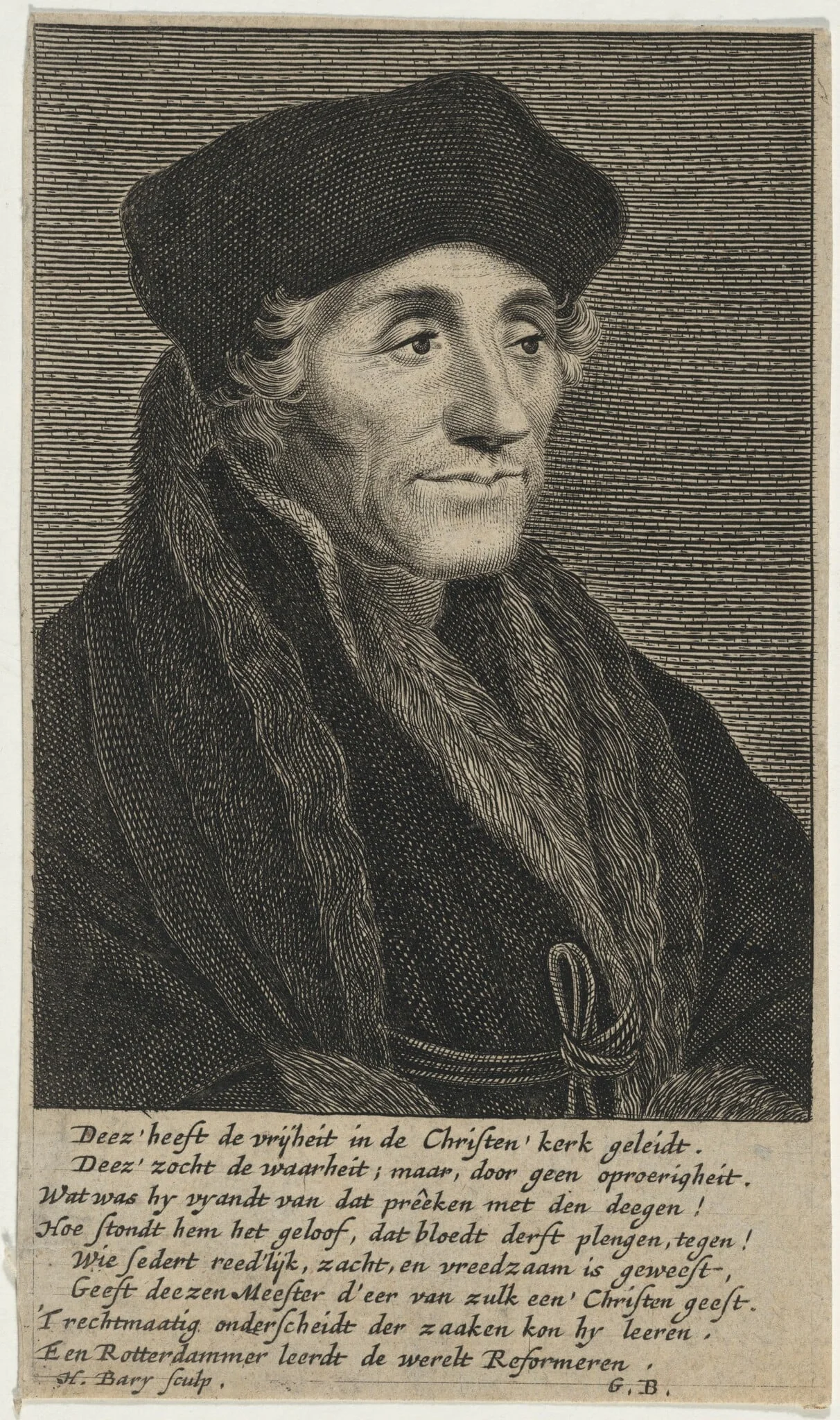 Desiderius Erasmus, by Hendrick Bary, ink, 1674